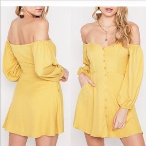 Mustard Yellow Button Down Off Shoulder Mini Dress
